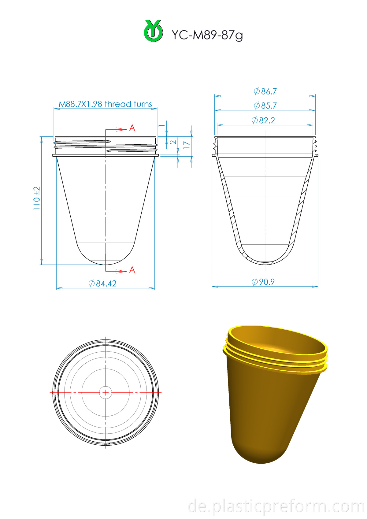 PLA Preform Wide Mouth 89mm 87g PET Preform